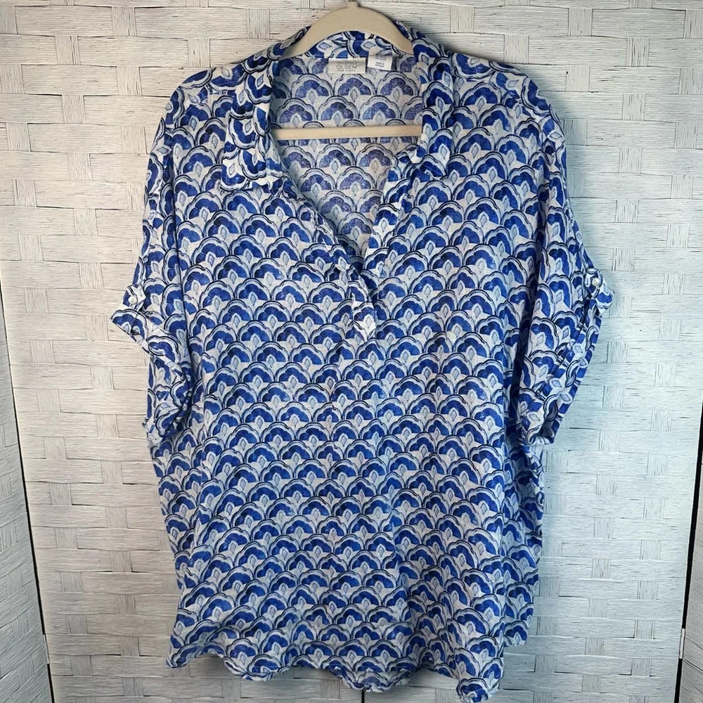 SIGRID OLSEN 100% Linen tunic blouse blue white roll tap sleeve coastal